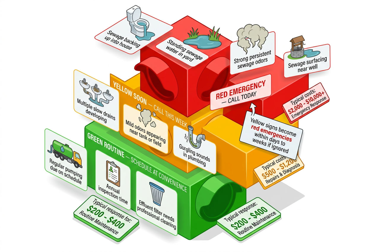 3D traffic light urgency guide showing when to call a septic professional from routine to emergency situations