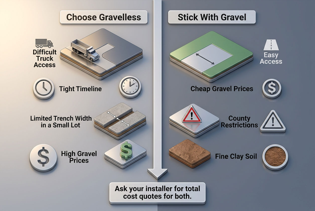 Decision guide showing when to choose gravelless pipe versus conventional gravel for drain field installation
