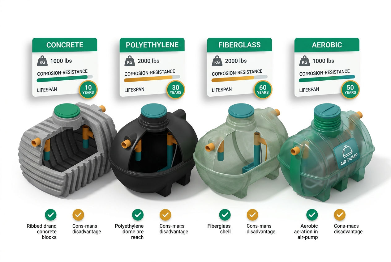 3D isometric comparison of concrete, polyethylene, fiberglass, and aerobic septic tank types with material callouts and icons.