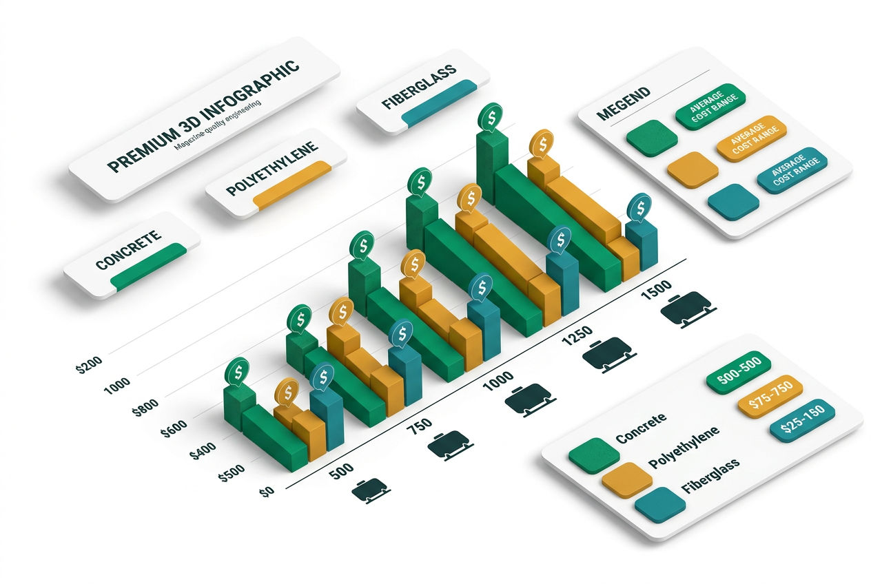 Isometric bar chart comparing septic tank prices by gallon size and material type, with amber cost indicators and emerald labels.