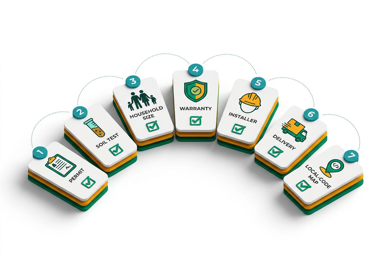 Isometric checklist infographic showing 7 pre-purchase questions as floating cards with icons covering permits, soil, warranty, and installer.