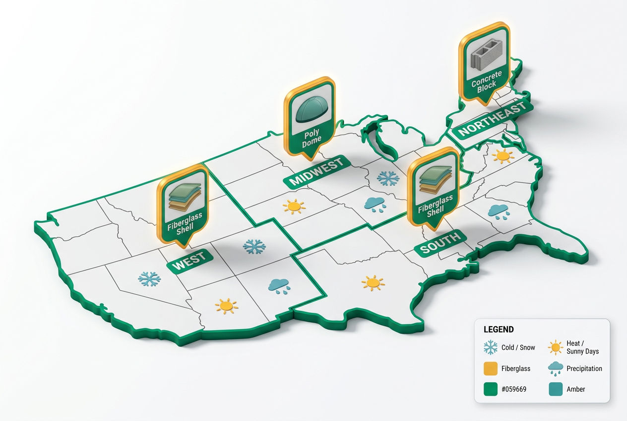 Isometric US region map with floating material-preference badges showing concrete, poly, and fiberglass dominance by geographic zone.