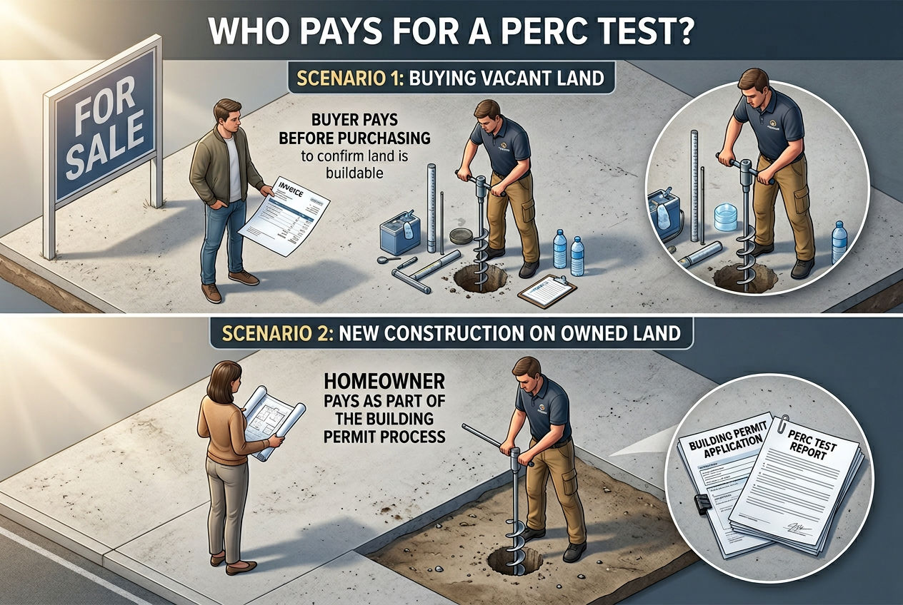 3D two scenarios showing buyer paying for perc test on vacant land versus homeowner paying during building permit process