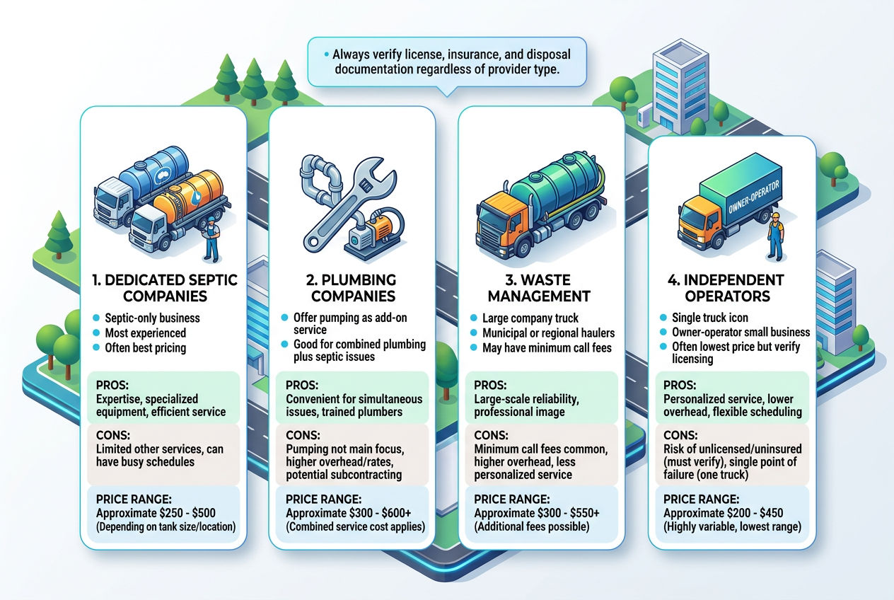 3D overview of four types of septic pumping service providers from dedicated companies to independents