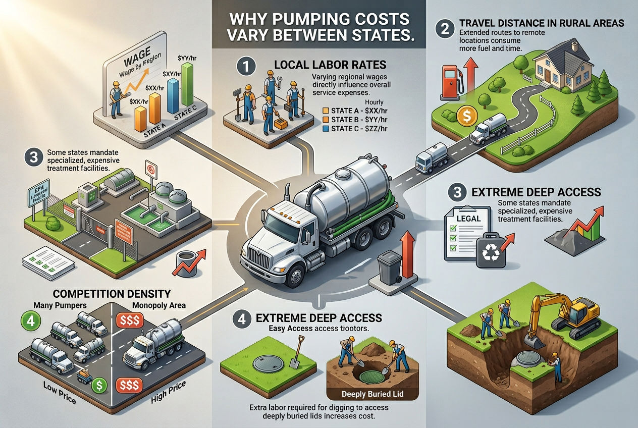 3D five factors explaining state-by-state pumping cost variation: labor rates, travel distance, disposal rules, competition, accessibility