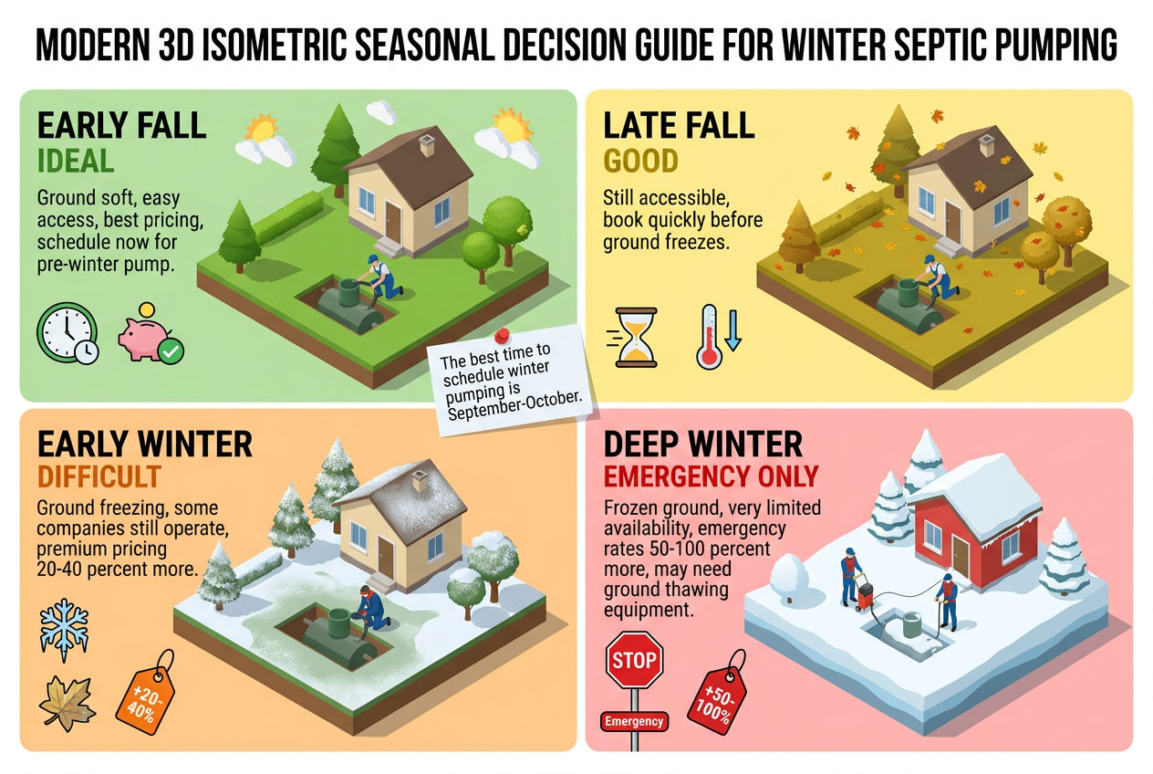 3D seasonal decision guide for winter septic pumping from ideal fall timing to emergency-only deep winter
