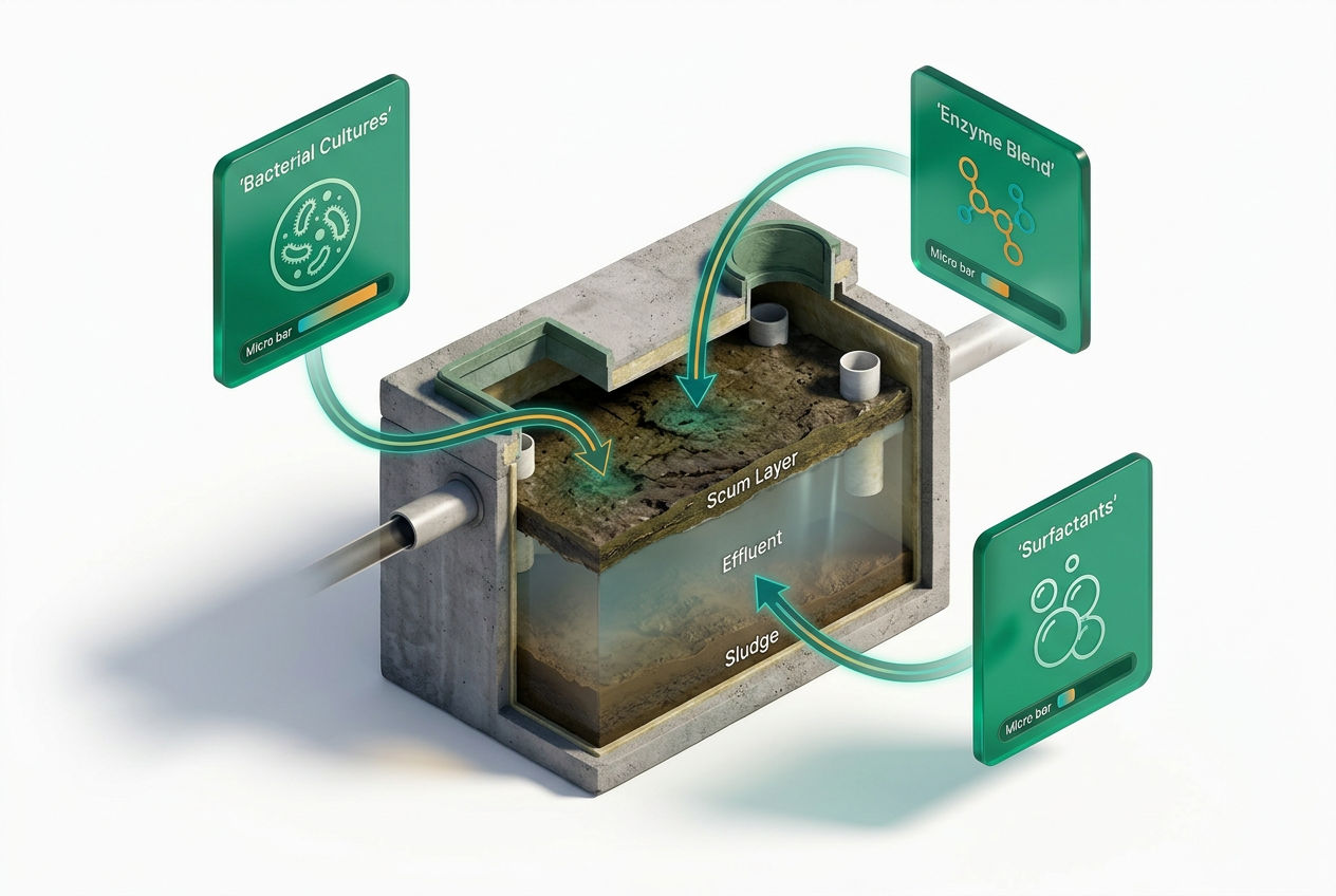 3D isometric infographic showing Zep Septic Defense key ingredients: enzymes, bacteria strains, and surfactants in labeled floating panels.
