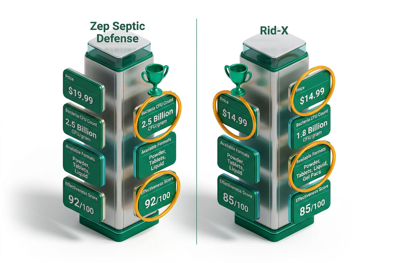 Side-by-side 3D isometric comparison of Zep Septic Defense vs Rid-X across price, bacteria count, formats, and effectiveness ratings.