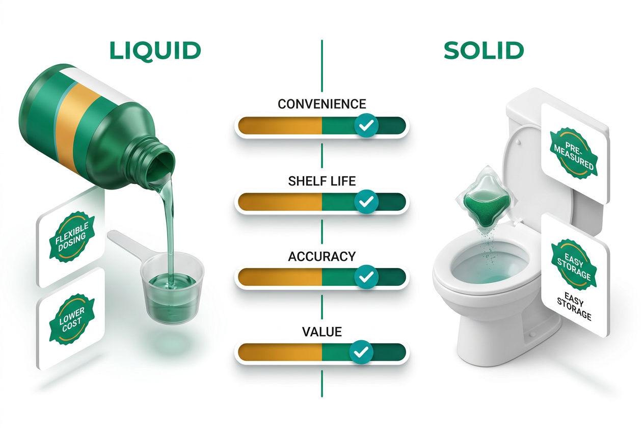 Isometric split-panel comparing Zep liquid bottle vs dissolvable packs with ease-of-use, shelf life, dosage accuracy, and cost-per-use icons.