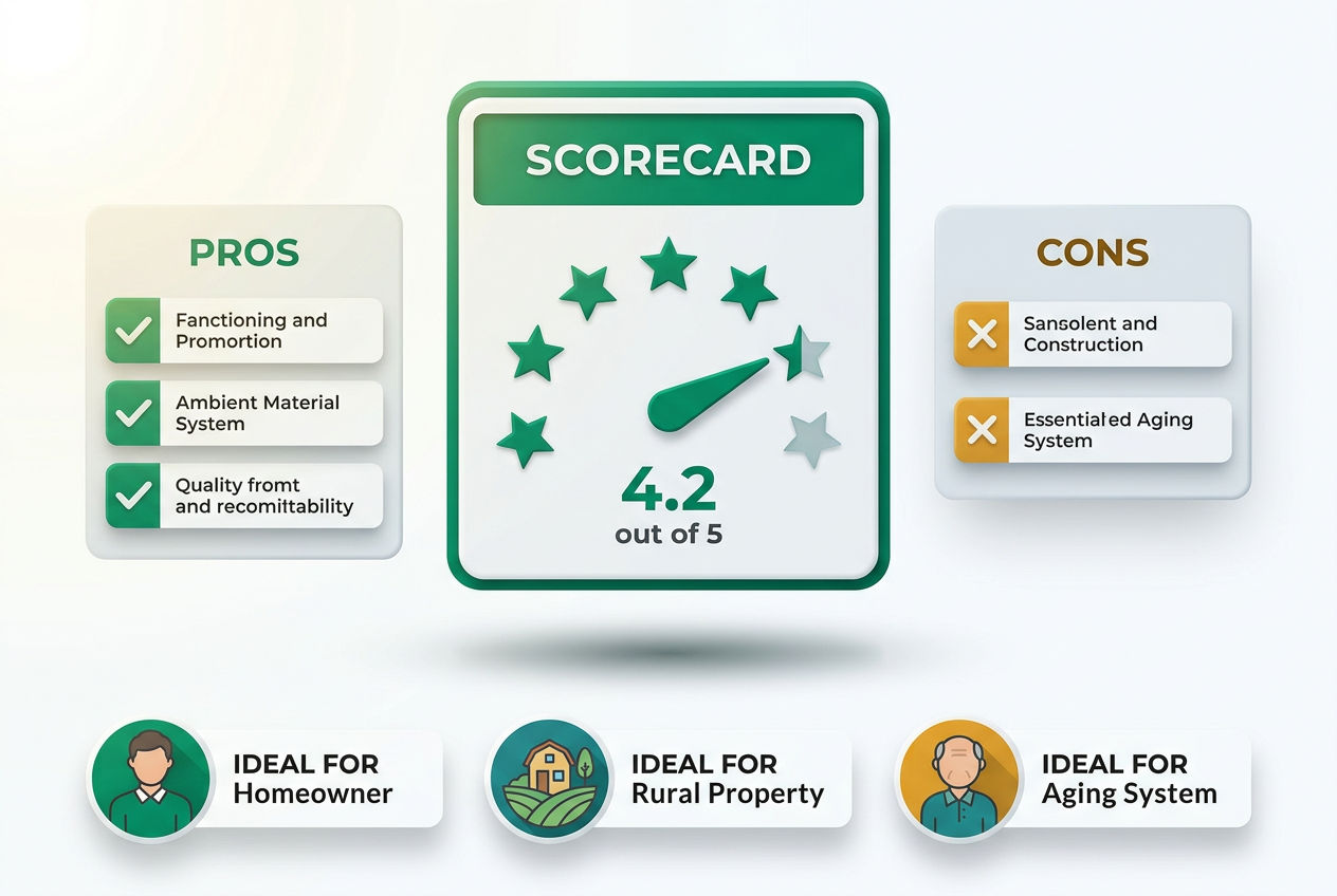 3D isometric verdict scorecard for Zep Septic Defense showing overall rating, pros checklist, cons checklist, and ideal-user profile icons.