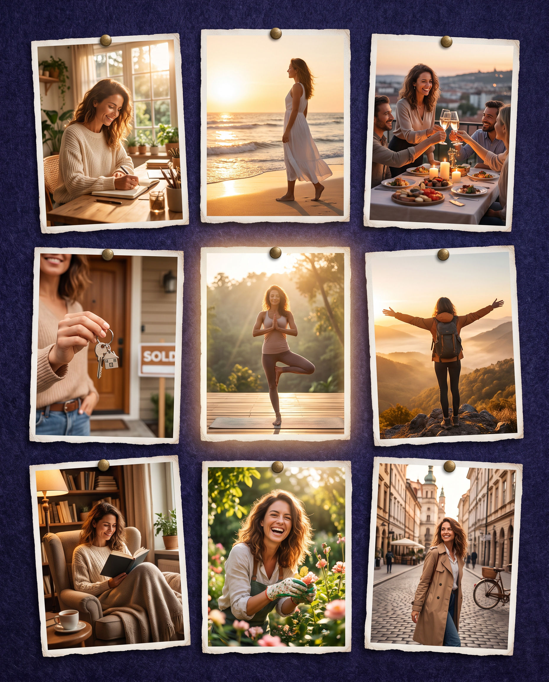 A nine-scene vision board — the same woman living nine intentions, her face in every scene
