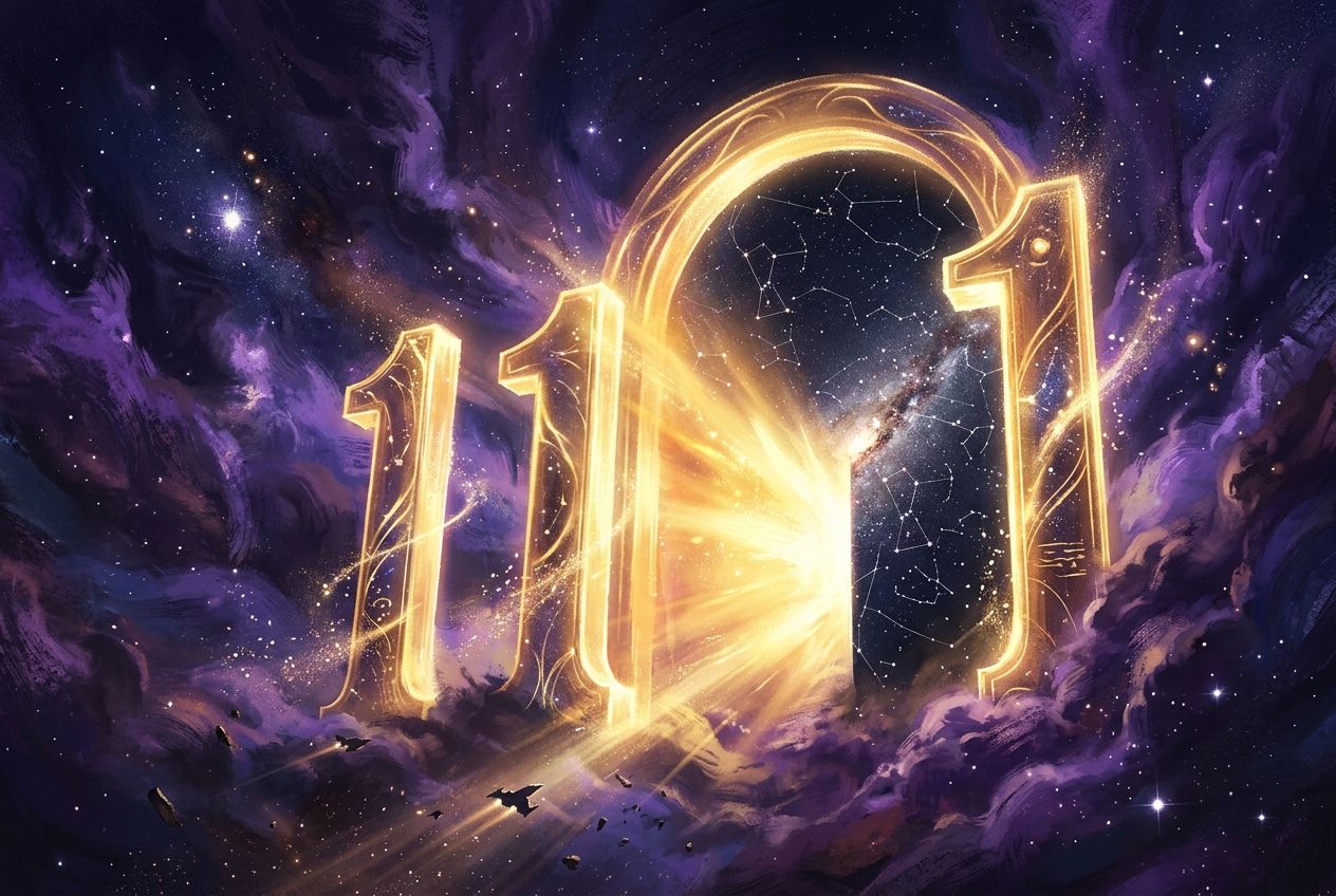 1111 angel number meaning — luminous golden gateway portal in cosmic nebula sky