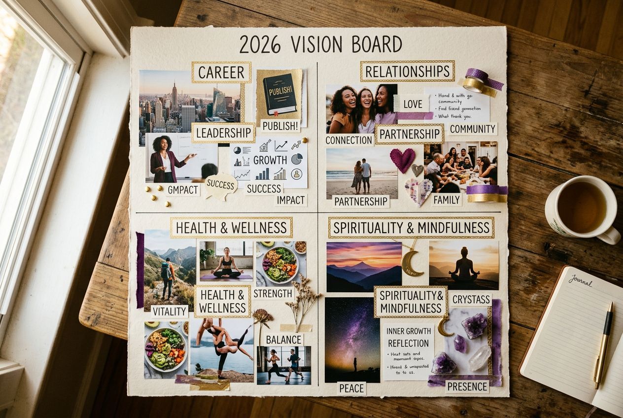 2026 vision board — organized 2026 vision board showing effective layout and themes