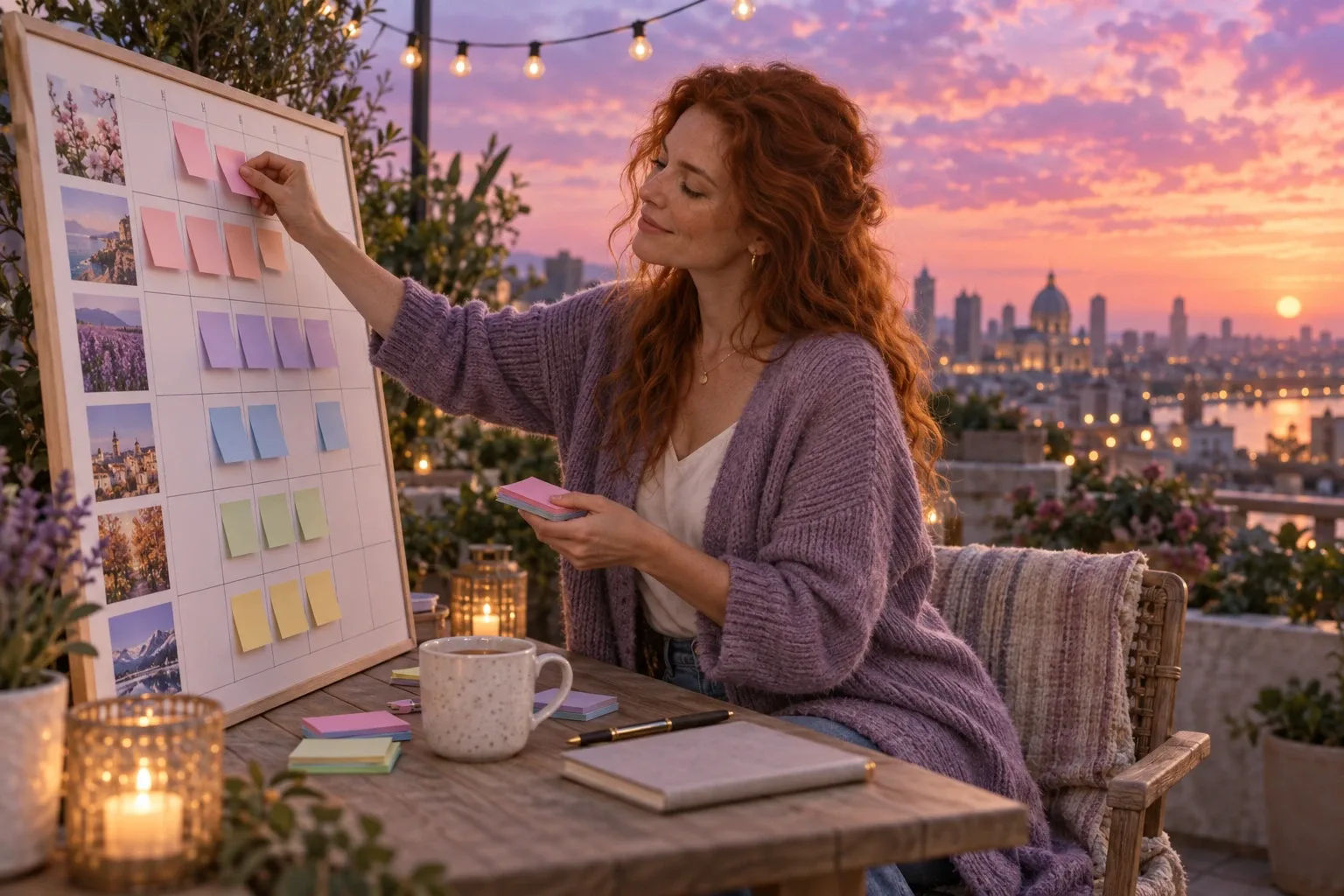 2027 bucket list planning: a red-haired woman placing paper notes on a wall calendar on a rooftop at dusk