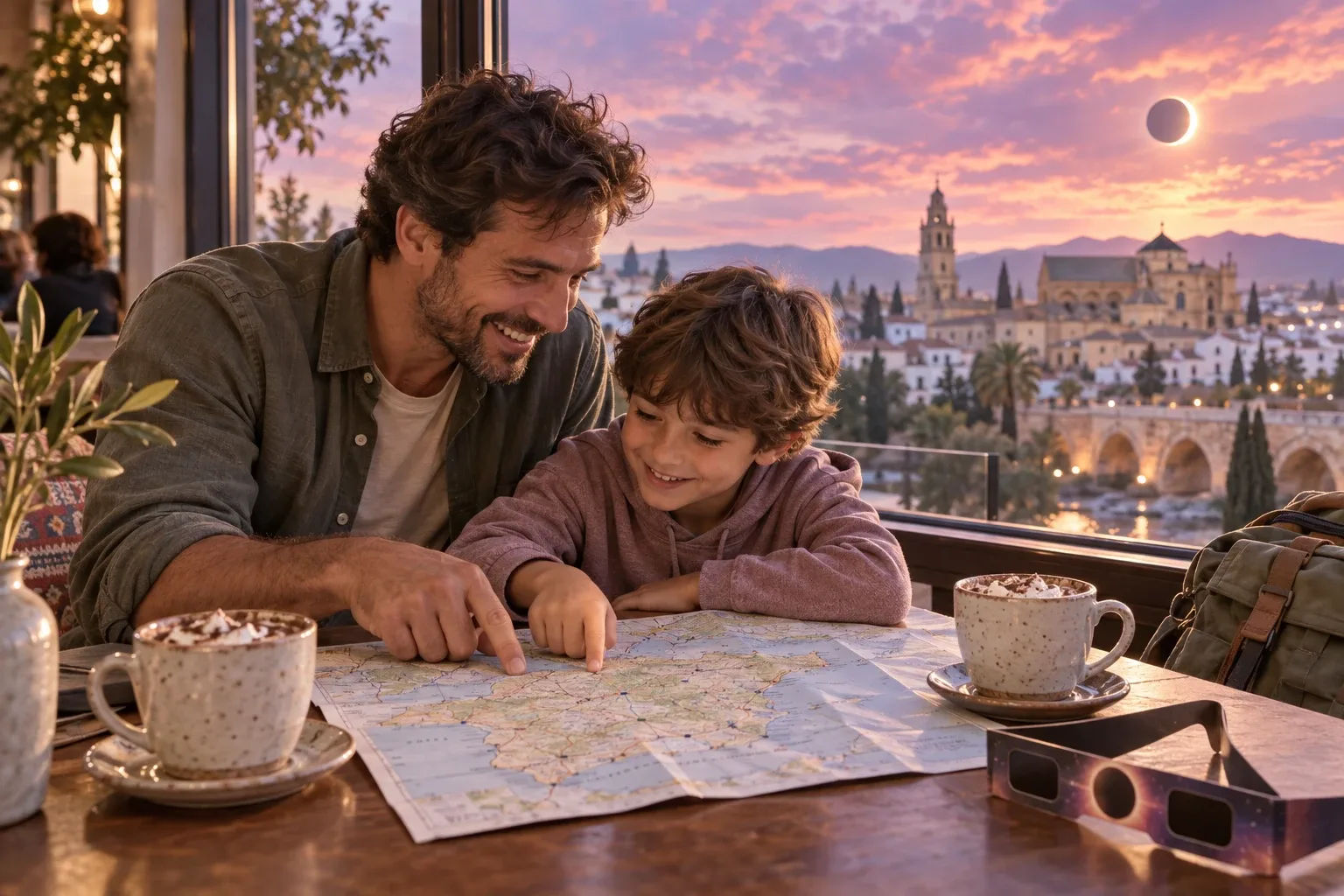 2027 bucket list travel: a father and son planning a trip on a map in a cafe window seat with eclipse glasses