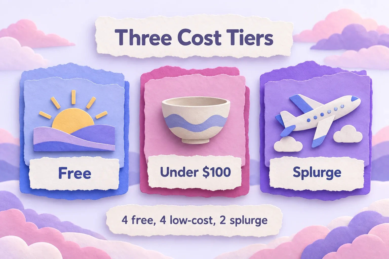 2027 bucket list cost tiers: paper-craft infographic of free, under $100 and splurge levels