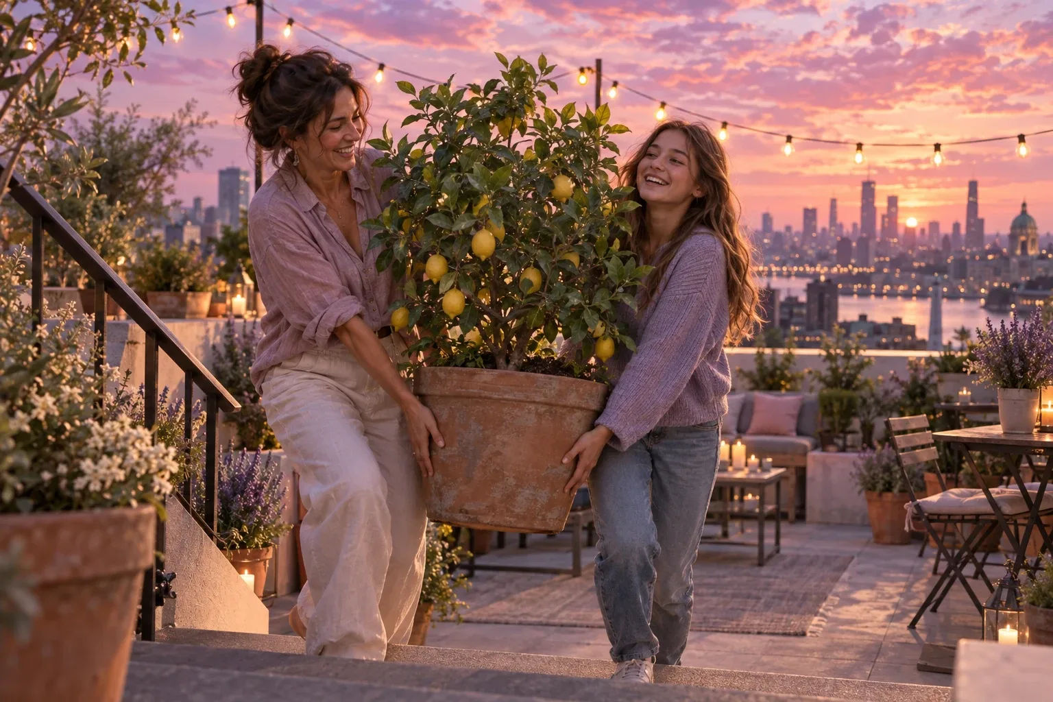 2027 numerology: a mother and teen daughter carry a potted lemon tree onto a rooftop terrace at dusk