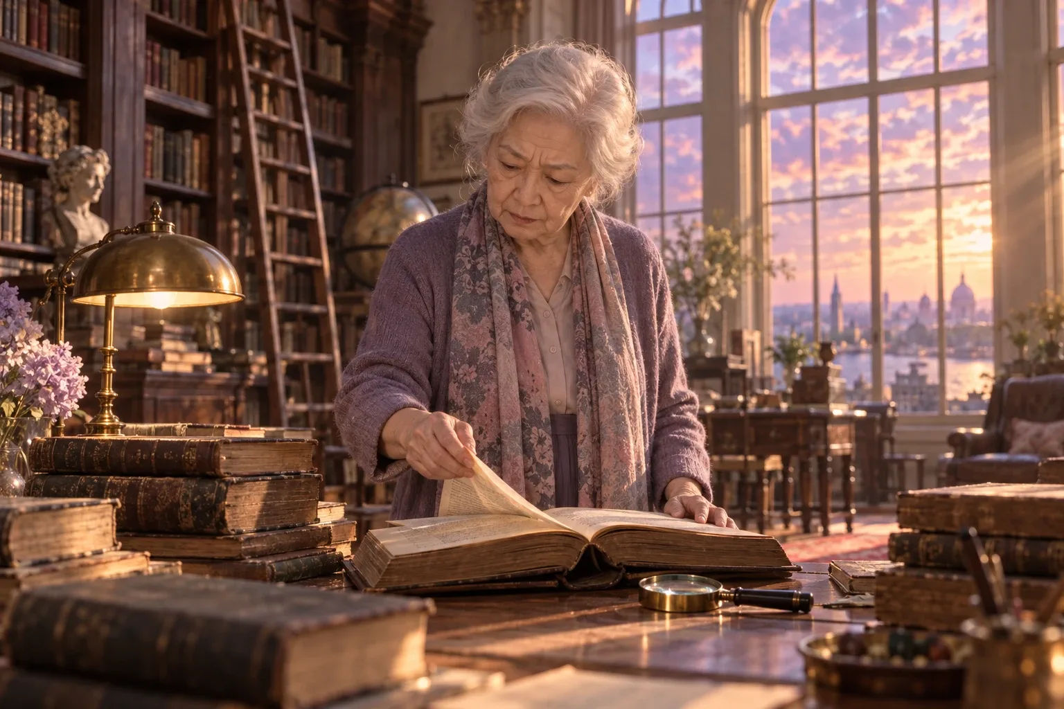 Numerology 2027 history: an older woman studies an old book at a library table with a magnifying glass