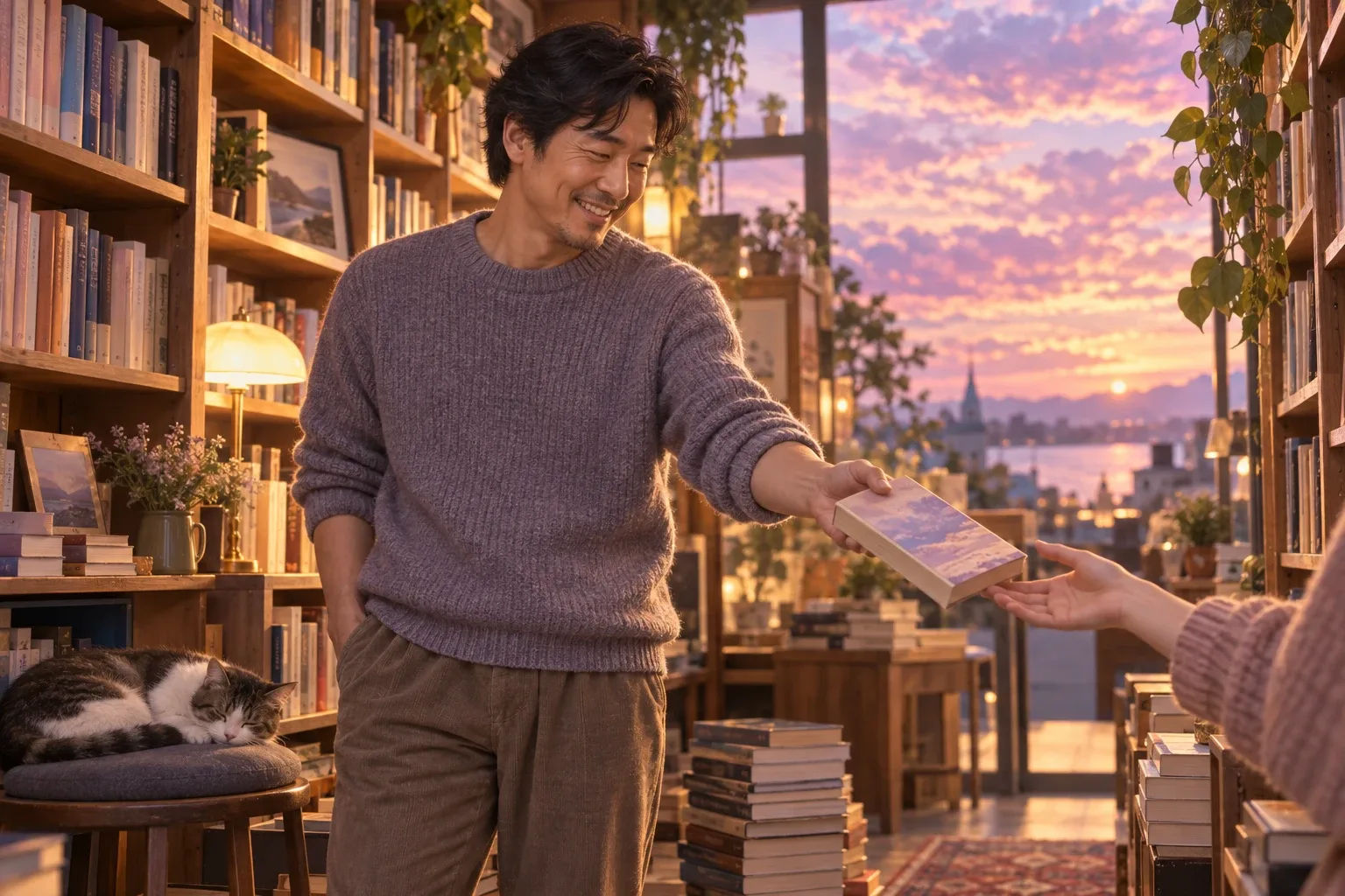 222 meaning in love: a man sharing a book in a cosy bookshop corner