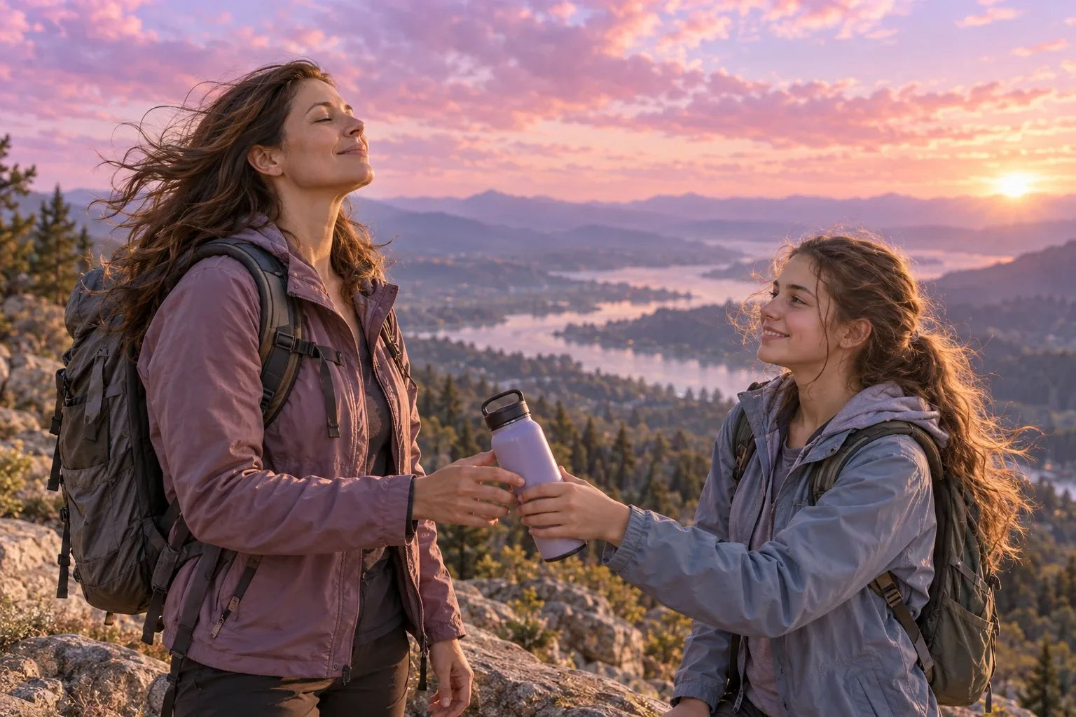222 meaning: a mother and daughter pausing to breathe at a hiking overlook