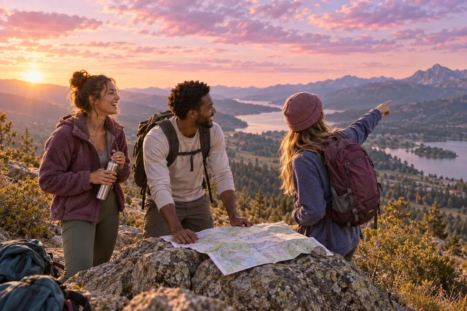 333 meaning for career: three friends planning their next step at a hiking trail overlook