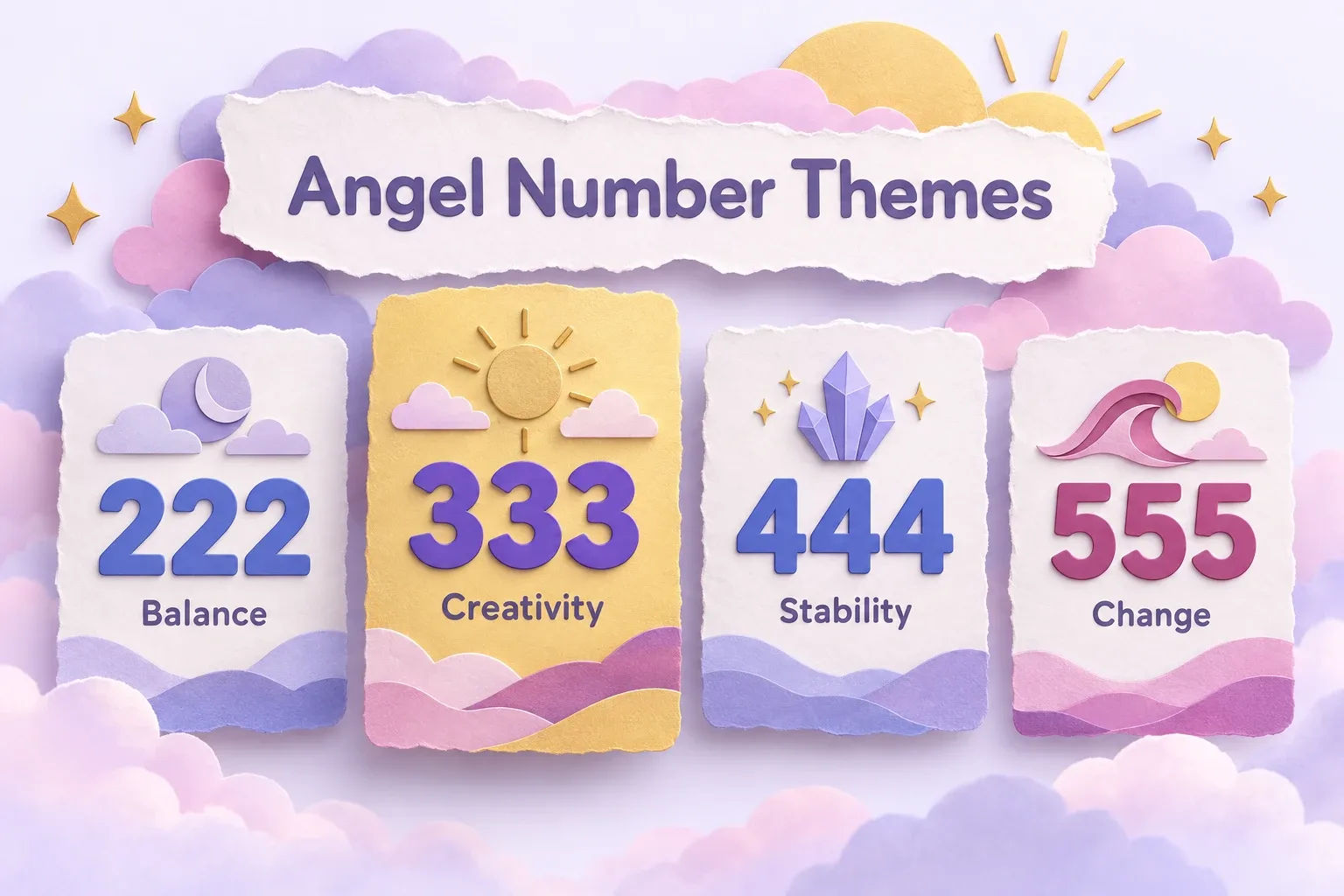 333 meaning compared: paper-craft cards for 222 balance, 333 creativity, 444 stability and 555 change