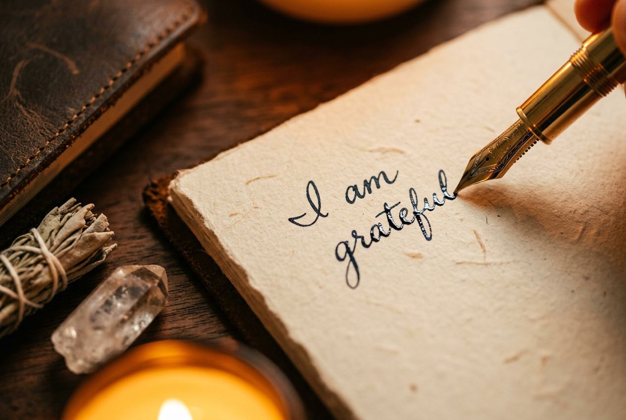 369 method â€” close-up of gold pen writing present-tense affirmation in journal with crystal and dried herbs