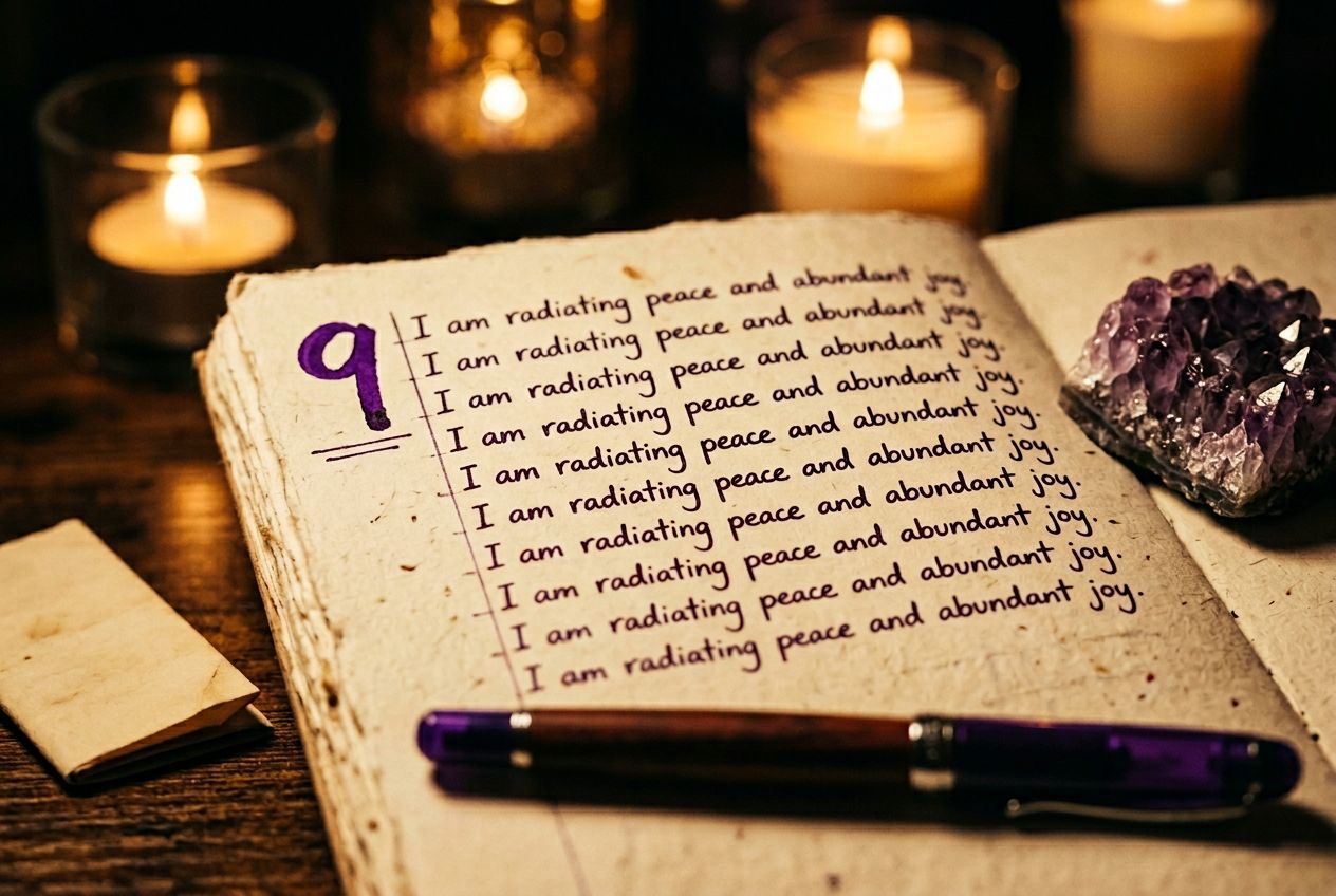 369 manifestation method â€” journal showing nine evening repetitions by candlelight with amethyst and folded paper
