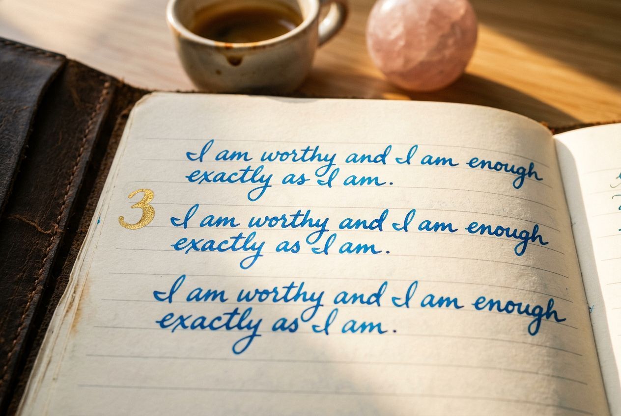 369 manifestation method â€” journal open to morning affirmation repetitions with sunrise light and coffee