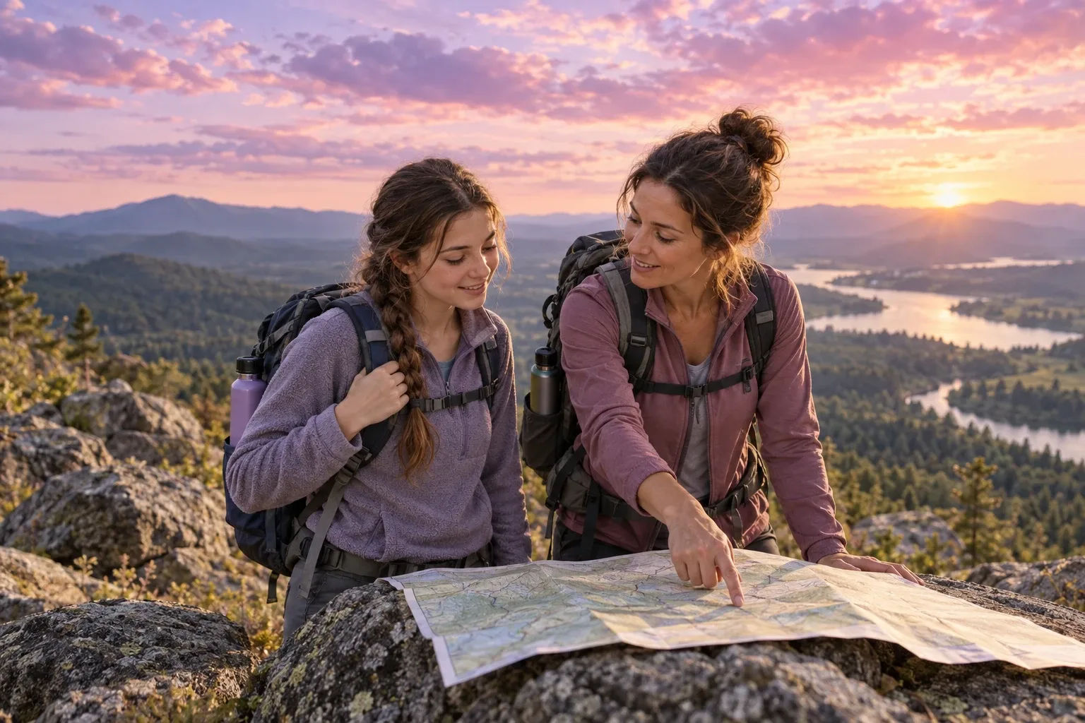 444 meaning: a mother and daughter plan the next steady step at a mountain overlook