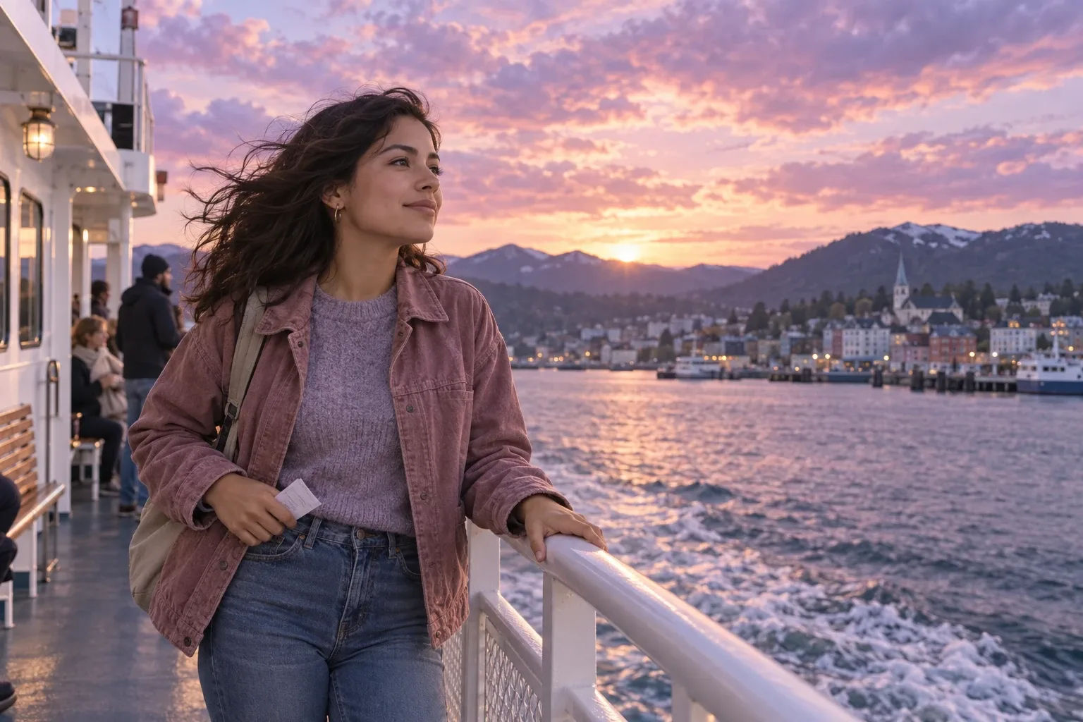 555 meaning in love: a young woman on a ferry deck watching a new shoreline approach