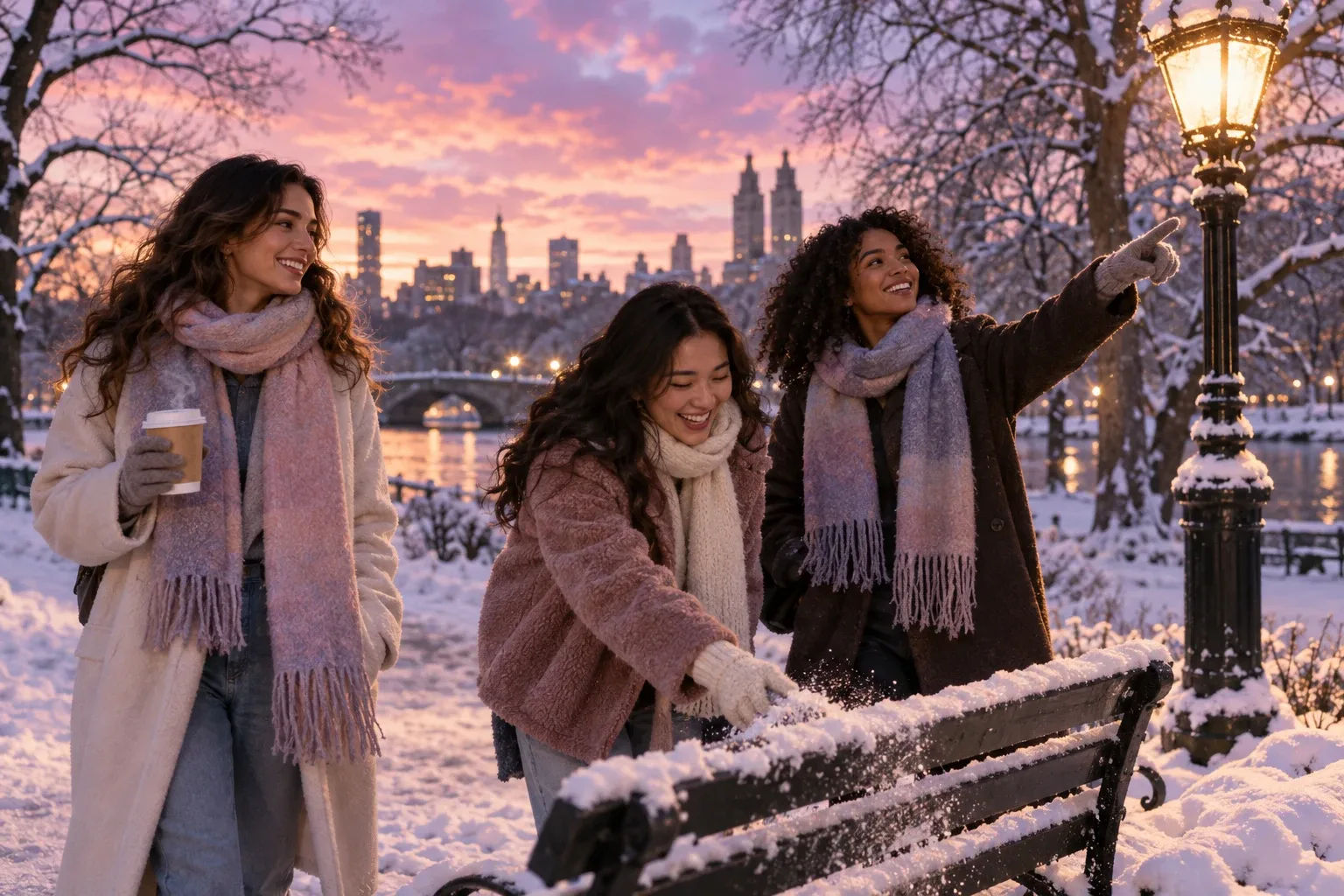 555 meaning in practice: three friends in a snowy park at twilight talking through a change