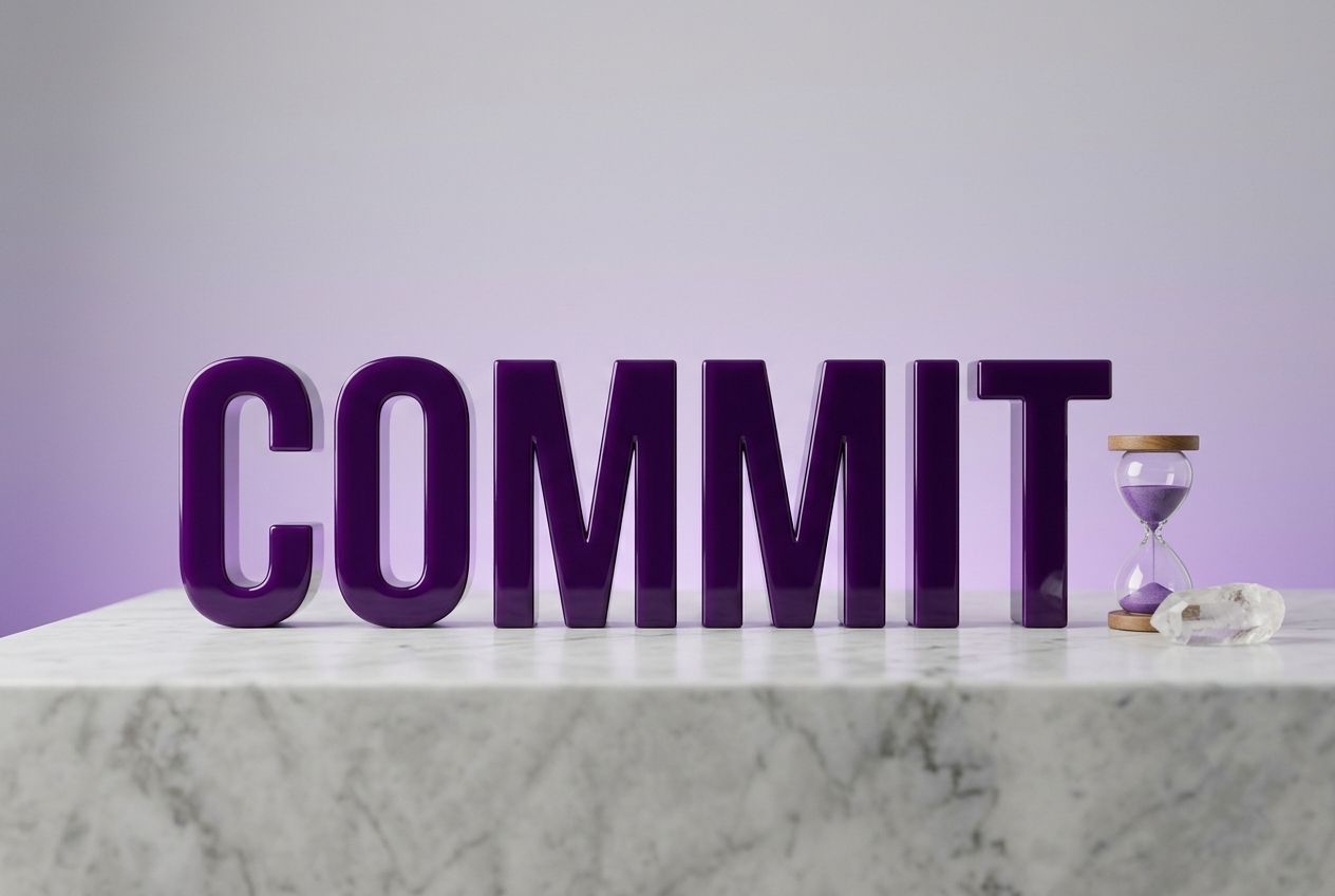 affirmations for men — bold COMMIT resin letters with hourglass on marble