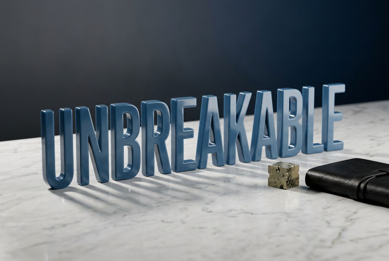affirmations for men — bold UNBREAKABLE resin letters with pyrite on marble