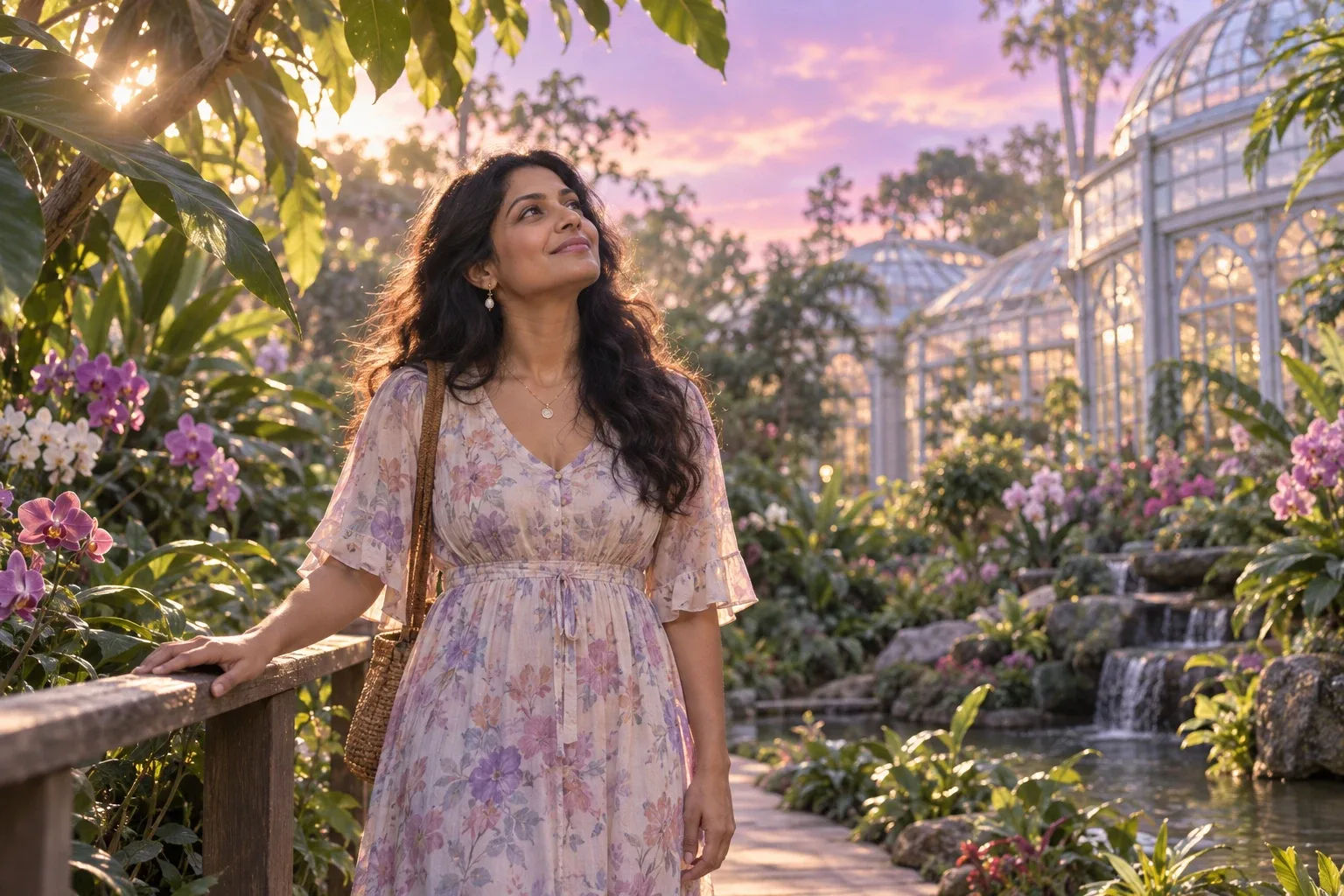 Angel numbers: a woman stops on a botanical garden path to listen under a canopy of leaves