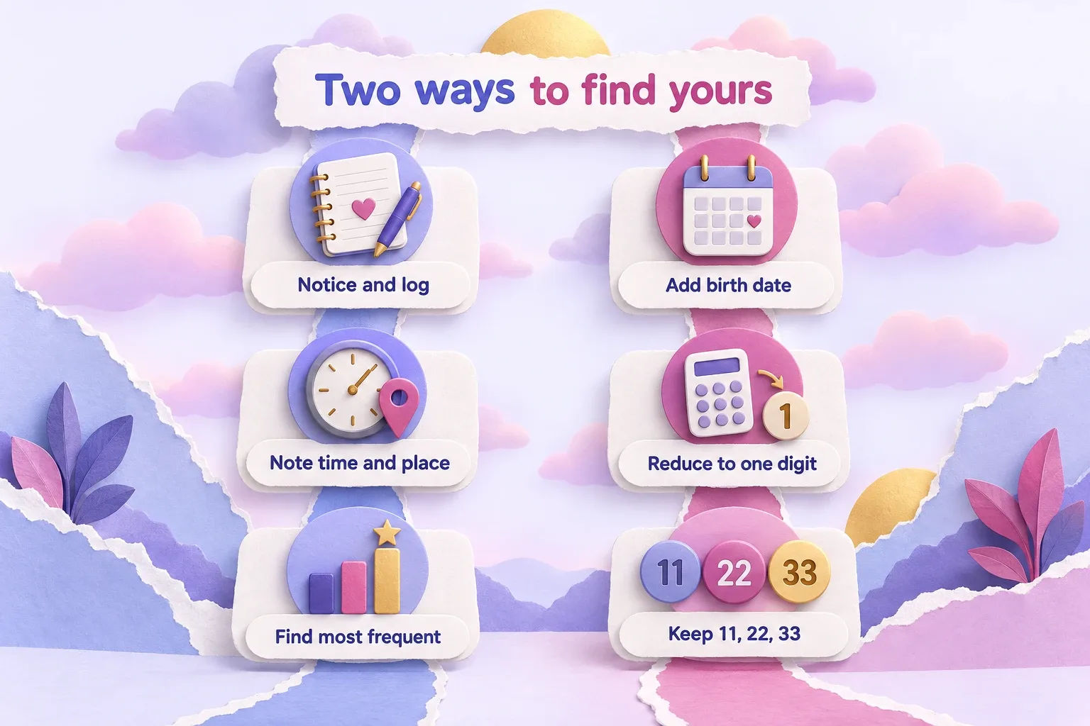 Angel numbers: paper-craft diagram of two methods, noticing and logging versus adding your birth date
