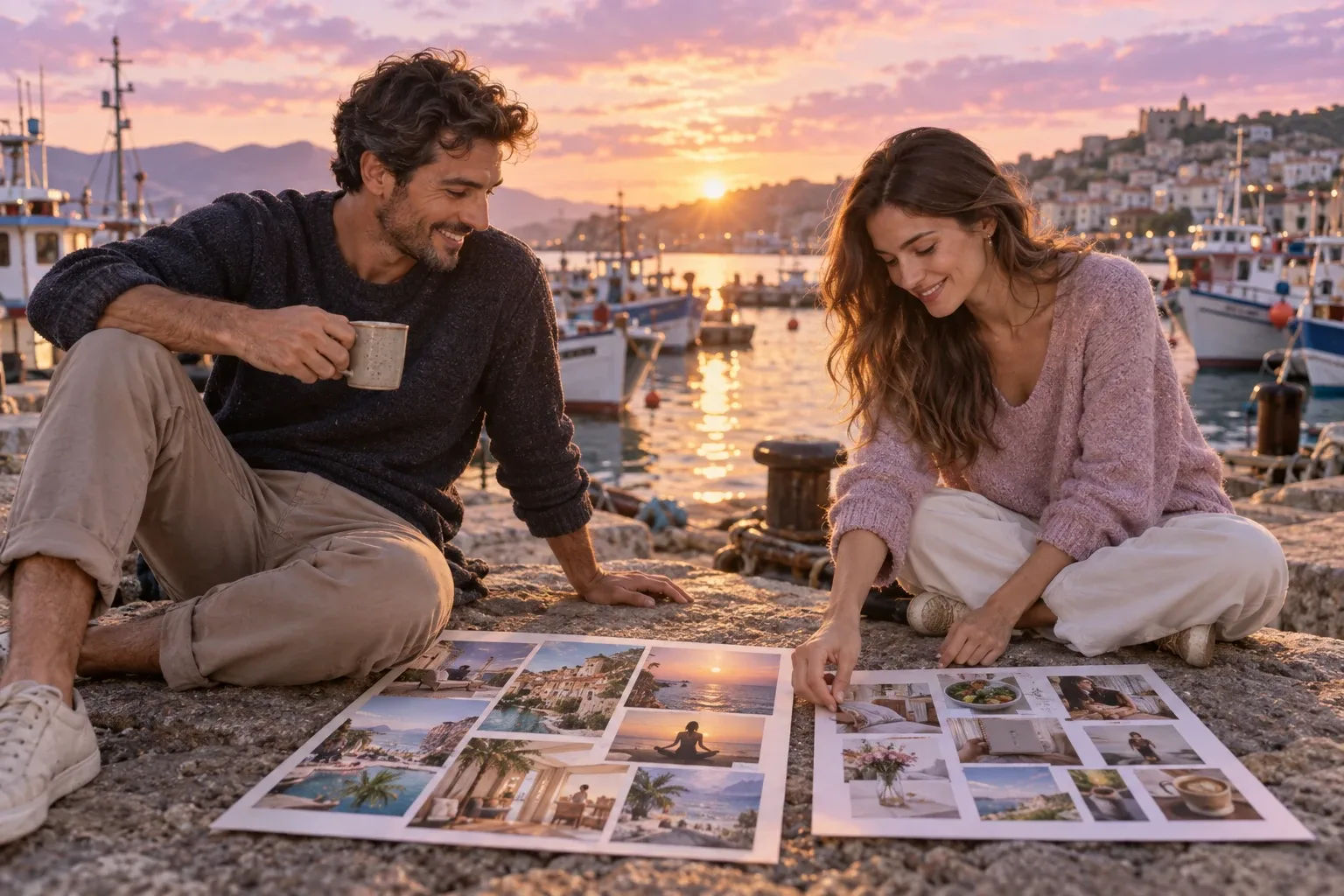 Becoming board vs vision board: two friends compare two boards side by side at a harbour at sunset