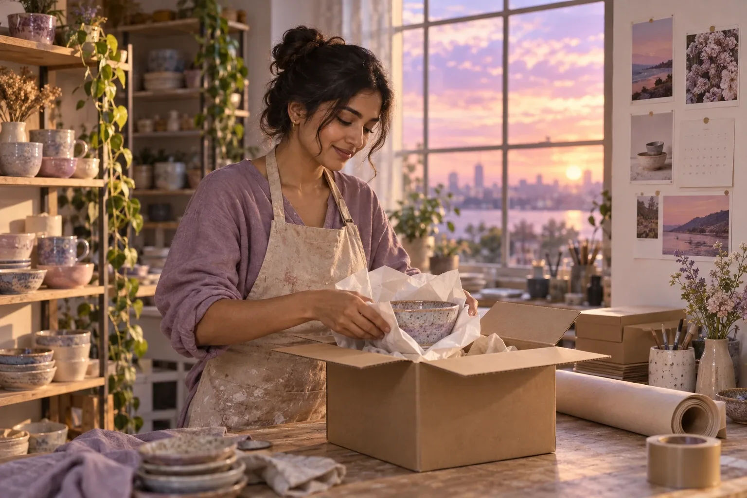 Career vision board ideas for a side project: a woman packs her first handmade orders in a sunny ceramics studio