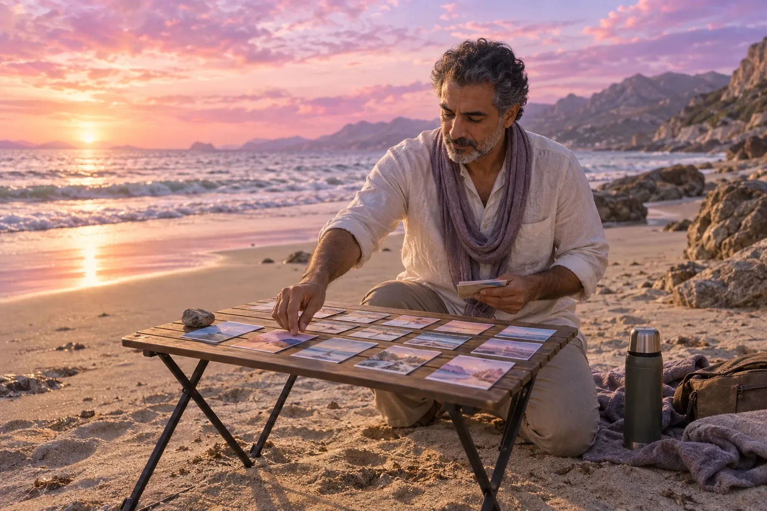 Career vision board quarterly plan: a man lays out four rows of cards for the year at golden hour on a beach