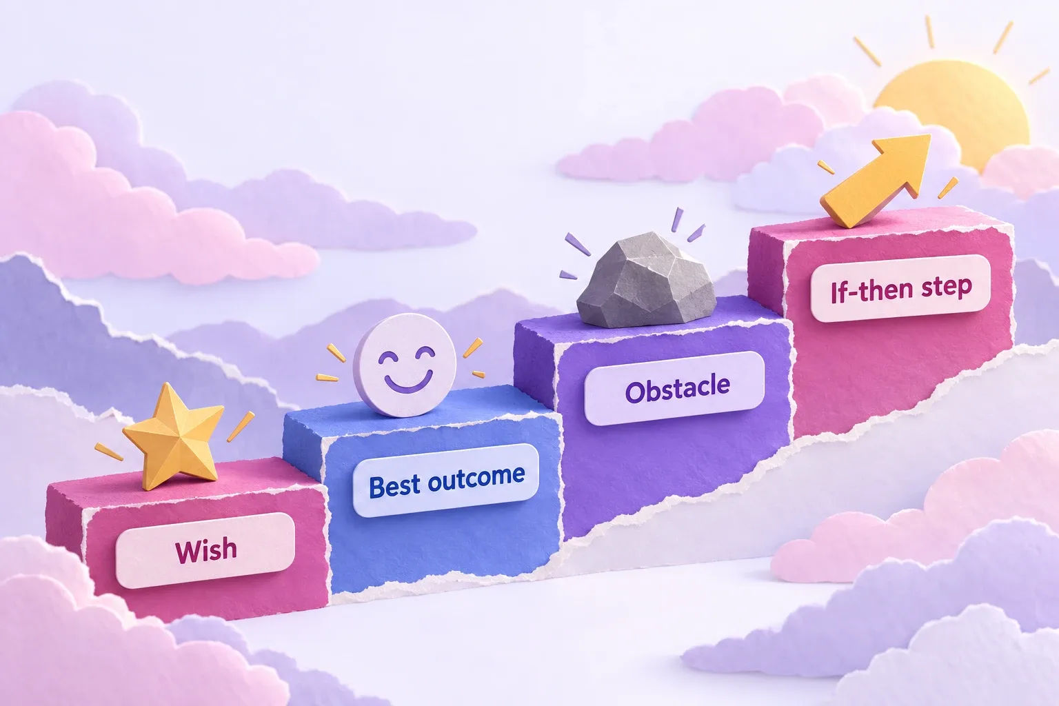 Career vision board plan: paper-craft steps from wish to best outcome to obstacle to if-then step