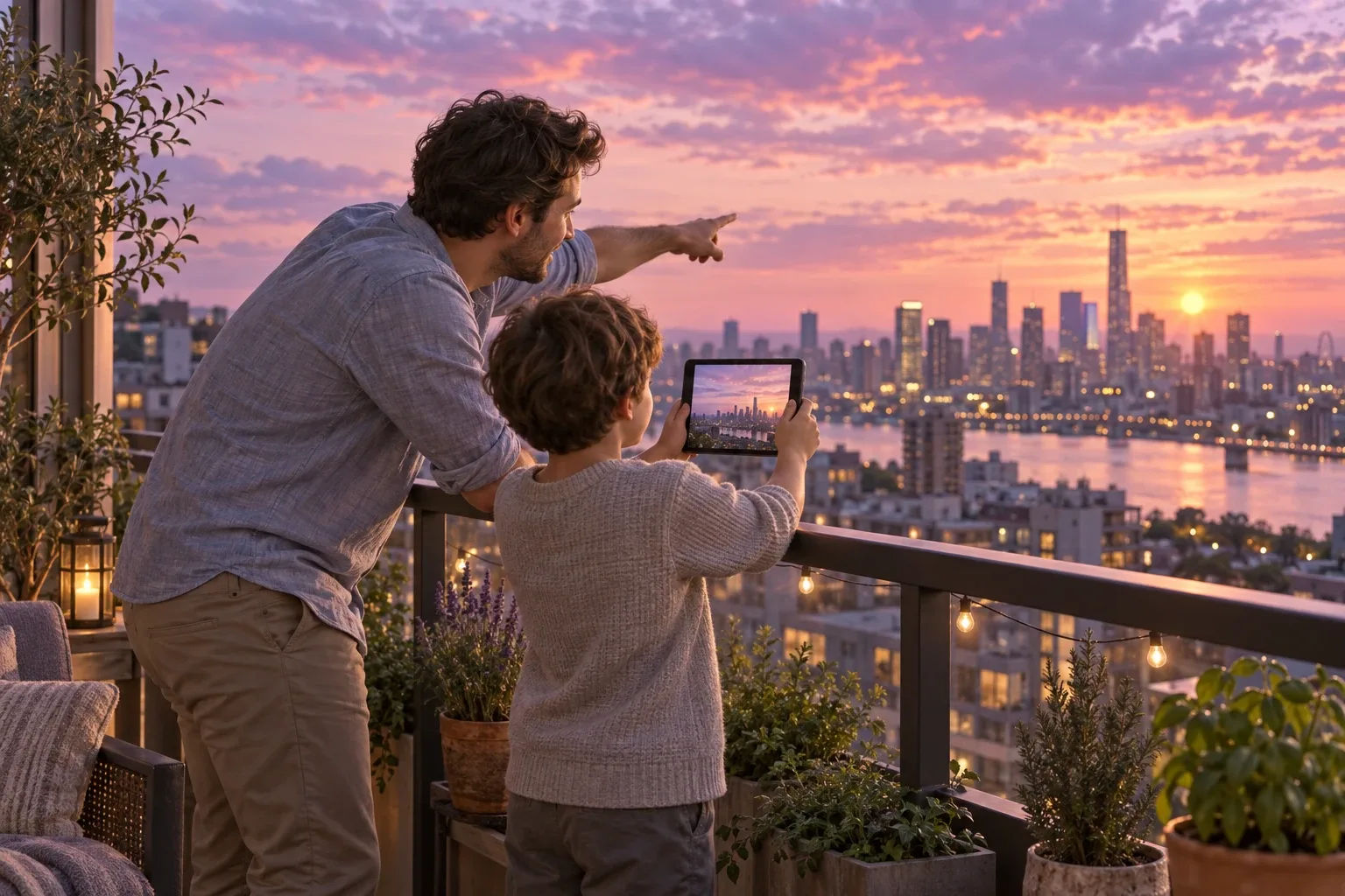 Digital vision board habit for 2027: a father and son on a city balcony looking at a tablet together