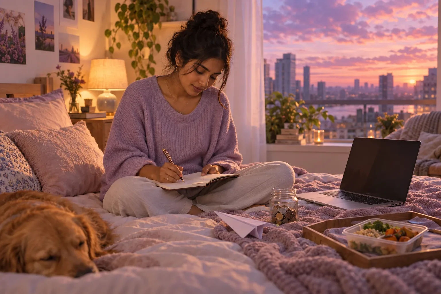 Do vision boards work? A woman writes an if-then plan in a notebook by lamplight, with a coin jar beside her