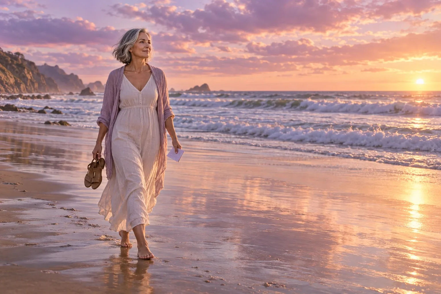 End of year reflection questions: a woman walking a wide beach at golden hour, thinking over her year