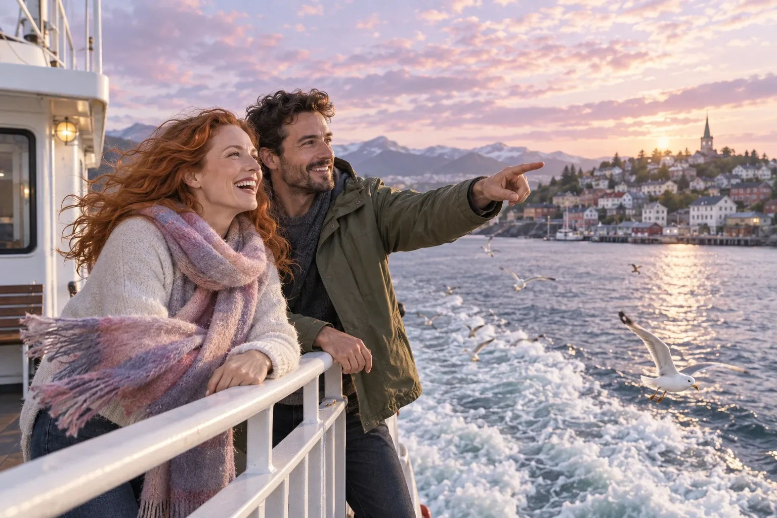 End of year reflection questions: two friends on a ferry deck talking over plans for the year ahead