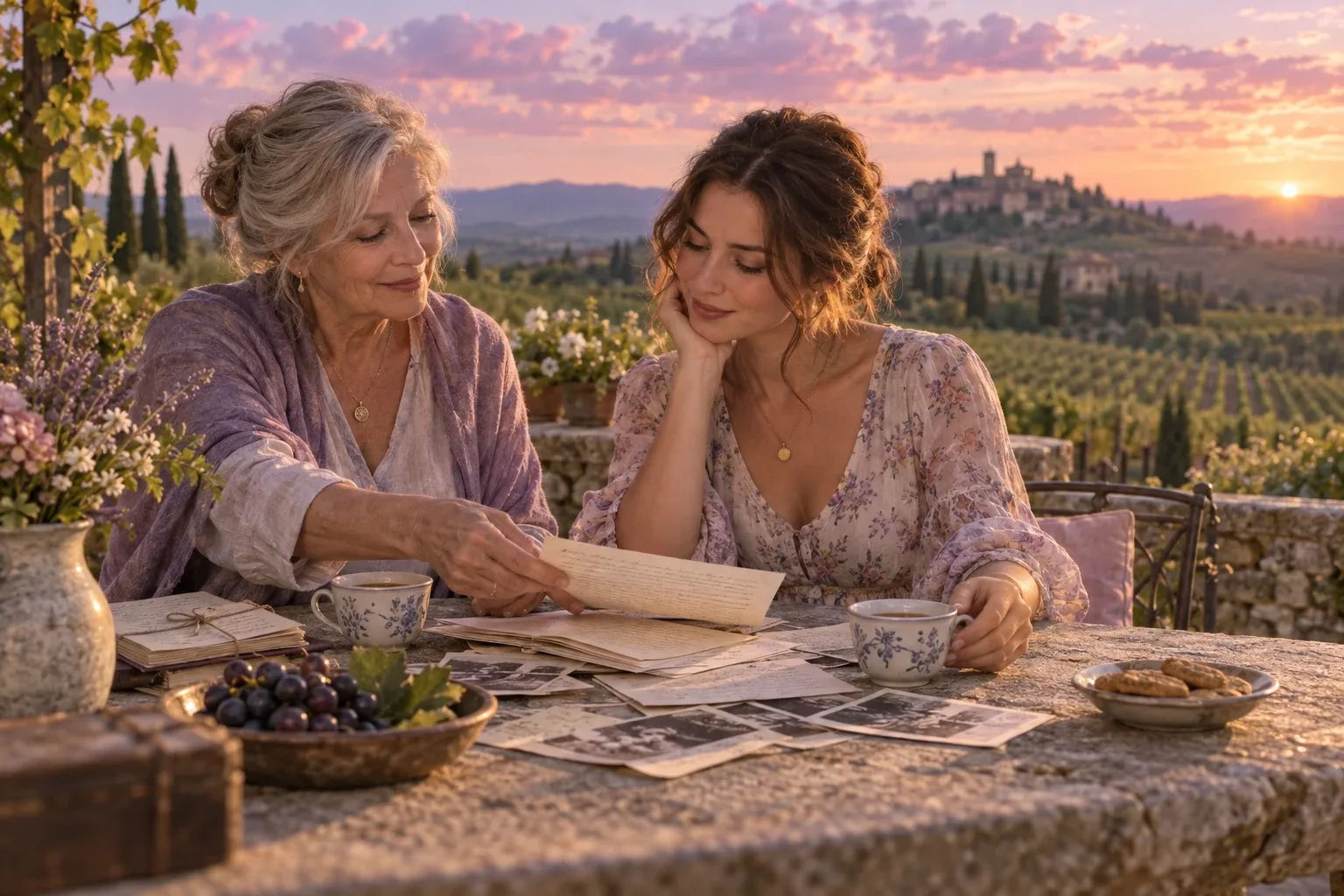 Future self journaling for 30 days: a grandmother and granddaughter sort pages on a vineyard terrace