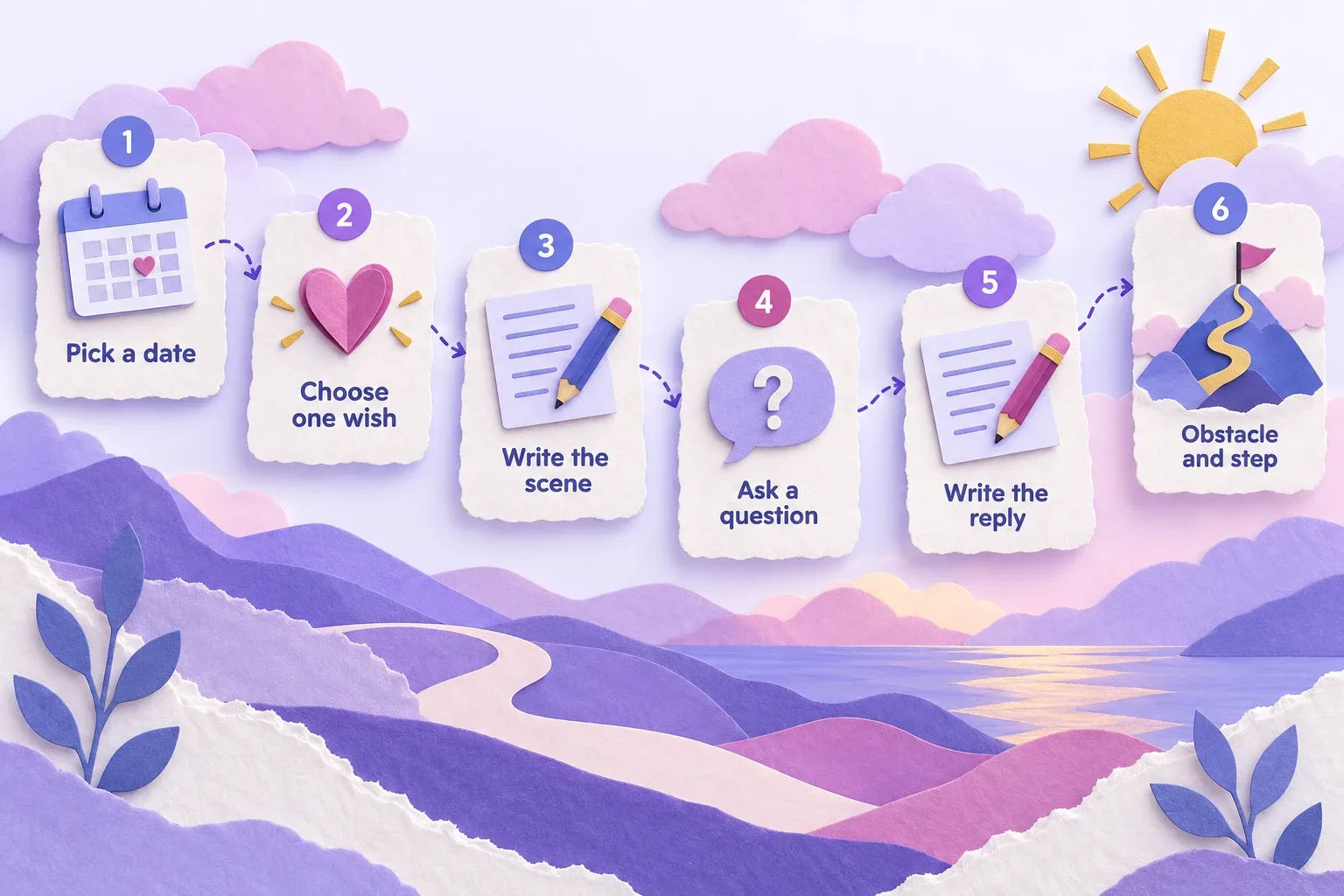 Future self journaling entry: six steps from picking a date to naming the obstacle and one step