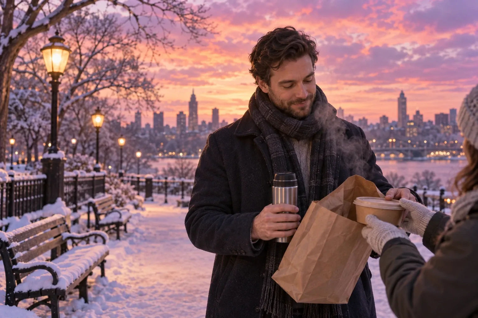 Gifts for someone starting over: a man shares a warm meal with a friend in a snowy park at twilight