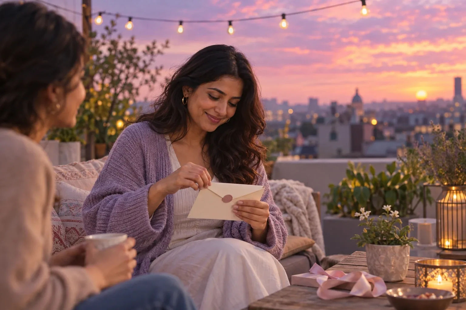 New year fresh start gift: a woman opens an envelope on a rooftop terrace at dusk with string lights