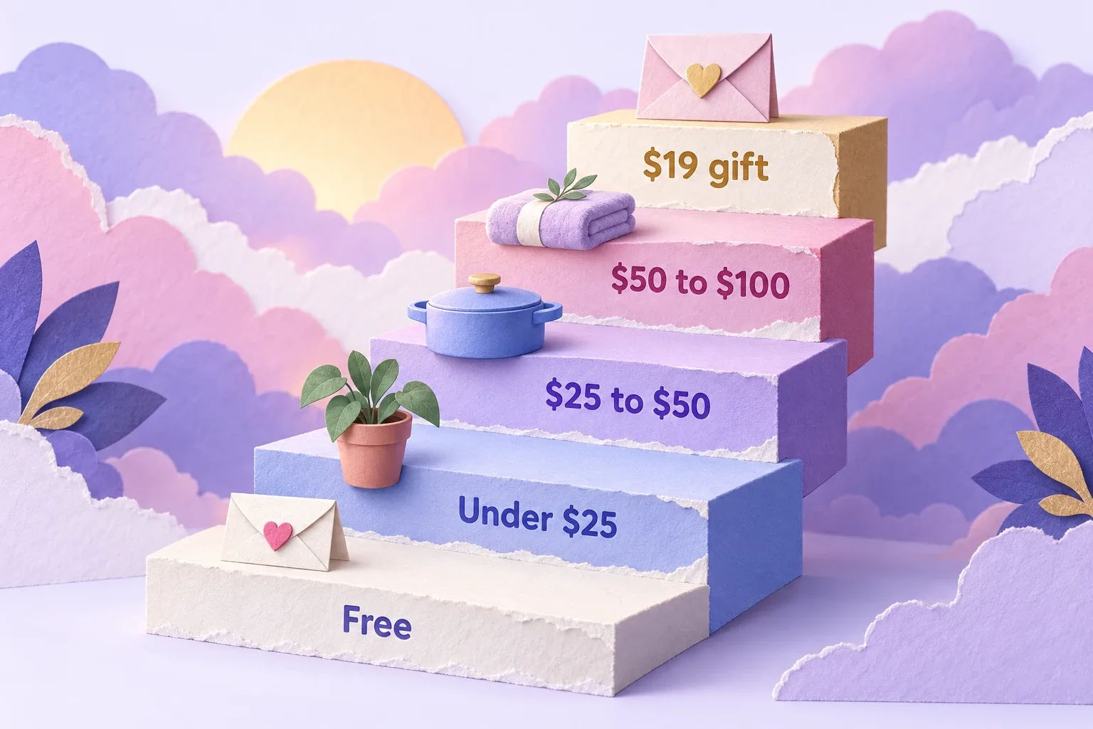 New beginnings gifts by budget: a paper-craft ladder from free to $100 with small gift icons on each step