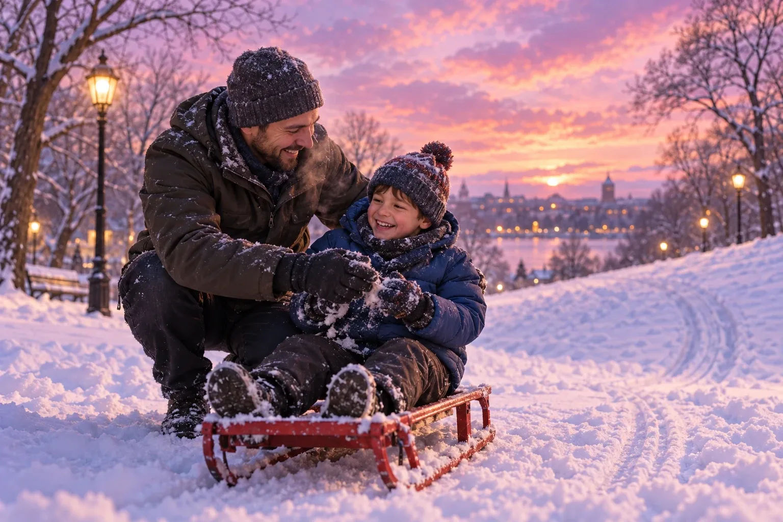 Goals for 2027: a father helps his son back onto a sled in a snowy park at twilight after a tumble